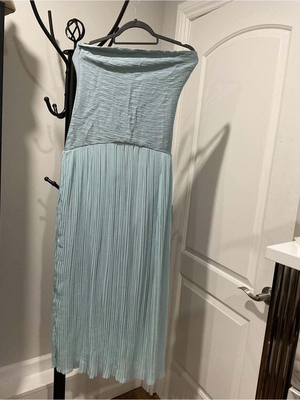 Light Blue Strapless Pleated Maxi Dress